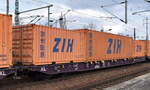 Drehgestell-Containertragwagen vom niederländischen Einsteller Railrelease BV mit der Nr.