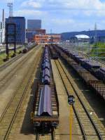 Luxembourg, Belval, verschiedene Stahlprofile warten auf den Abtransport per Bahn bei Arcelor-Mittel in Belval.