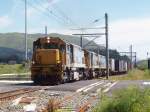 Drei Tranz Rail blau locomtives mit 7241 an der Front Macht ein Container-Zug durch Mackays Crossing, nrdlich von Wellington.
