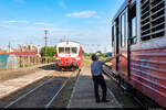 Am 05.09.2022 kreuzen sich Regio Calatori 97 0530 und 97 0586 im Bahnhof von Lovrin, Rumänien