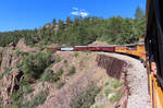Unser 12 Wagen-Zug mit mehreren Aussichtswagen von Durango nach Silverton verlangsamt hier an dieser Stelle im San Juan National Forest die Fahrt, damit die Fahrgäste genügend Zeit haben,