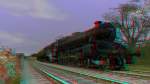 Eisenbahn in 3D: Eine Dampflokomotive aus Grobritannien pausiert auf freier Strecke.