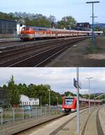 Mit seinen Veränderungen steht der Bahnhof Meinerzhagen stellvertretend für viele andere deutsche Bahnhöfe: Als 218 148-5 im Mai 1987 mit einer artreinen City-Bahn-Garnitur auf die