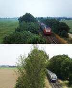 Die Bahnstrecke von Krefeld nach Kleve einst & jetzt: Oben fährt eine 215 im Sommer 1992 mit einem Zug nach Kleve am Einfahrsignal von Weeze vorbei, darunter der Blick auf eine VT