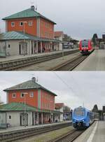 Nicht viel hat sich in den vergangenen fünf Jahren im Bahnhof Hergatz geändert, sieht man einmal von der Elektrifizierung und dem Betreiberwechsel ab: Oben verlässt 612 119 am