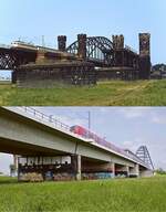 Ein Blick von der Neusser Seite auf die Hammer Brücke, die zwischen Düsseldorf und Neuss über den Rhein führt: Oben wird die nördliche Brücke um 1982 von einer 110.3 mit