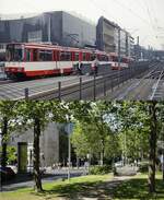 Die Düsseldorfer Heinrich-Heine-Allee einst und jetzt: Oben taucht Anfang 1988 ein B80-Doppel, vorne der B80 4010, aus Kaiserswerh kommend aus dem U-Bahn-Tunnel, der am 03.10.1981 in Betrieb