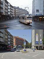 Die Straßenbahn Kiel Einst & Jetzt: Nachdem die nach links abbiegende Bergstraße seit dem 30.09.1984 wegen Bauarbeiten zur Vorbereitung des Busverkehrs nicht mehr zur Verfügung stand,