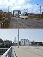 Auf dem Weg nach Wellingdorf befährt der Kieler GT6 268 am 27.04.1985 die Gablenzbrücke, auf der die DB-Gleisanlagen überquert werden.
