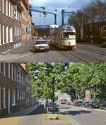 Auch auf der Elisabethstraße in Gaarden, die der Tw 261 am 27.04.1985 befährt, erinnert am 08.07.2023 nichts mehr an die Straßenbahn.