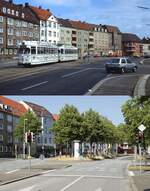 Ein Blick auf die Schönberger Straße in Kiel-Wellingdorf am 27.04.1985 und am 08.07.2023: Oben mit einem Großraumwagendoppel, vorne der GT4 245, darunter mit der inzwischen