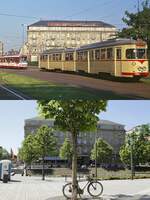 Ein Blick auf die Fassade des Düsseldorfer Parkhotels im Frühsommer 1980 und am 31.05.2023: Oben mit dem Fernbahntriebwagen K53U 2263 und einem GT8SU, darunter mit Fahrrad und Dixie-Klo.
