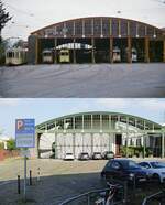 Die Halle des Straßenbahnbetriebshofes in Düsseldorf-Wersten im Sommer 1987 mit dem 1937 in Dienst gestellten Niederflurwagen 267 und einigen in der Wagenhalle abgestellten GT 6, darunter