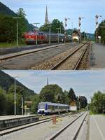 Zwar habe ich schon ein Vergleichsfoto vom Bahnhof Schliersee gezeigt, leider muss ich jetzt ein weiteres anfügen: Oben fährt 218 308-5 im Frühjahr 1991 mit einem Nahverkehrszug aus