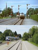 Ein weiteres Vergleichsbild aus Schliersee, oben mit der aus München ankommenden 218 354-9 im Sommer 1994, darunter verlässt ein VT-Doppel der Bayerischen Regiobahn mit dem VT 469 am Schluss