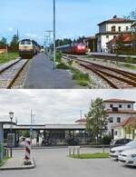 Ein Vergleichsblick aus Richtung Südosten auf den Bahnhof Schliersee: Oben treffen sich im Frühsommer 1991 die beige-türkise 218 321-8 und die 218 315-0 im (damals) neuen DB-Outfit,