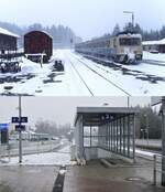 Noch einmal der Bahnhof Röthenbach am 12.02.1983 bei starkem Schneetreiben mit einem einfahrenden Vorserien-628.0-Doppel, darunter die Situation am 25.02.2023: Damals existierte die Strecke nach