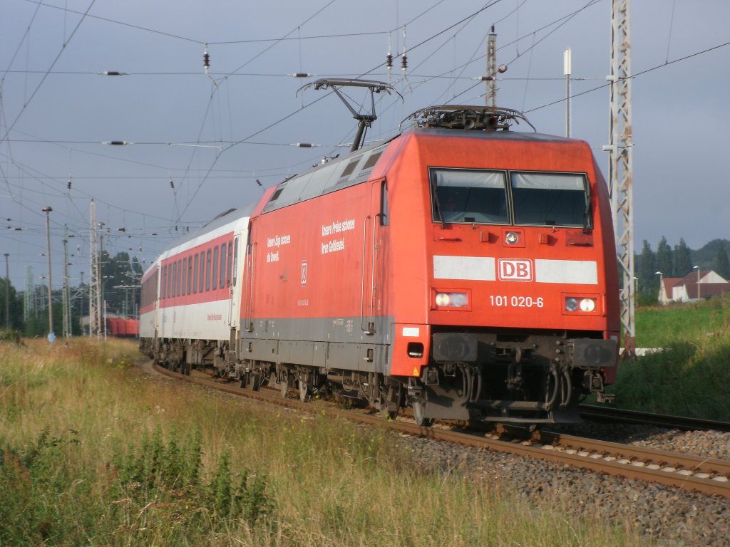 101 020 mit dem CNL Binz-Zrich,am 13.August 2011,bei der Ausfahrt aus Bergen/Rgen.