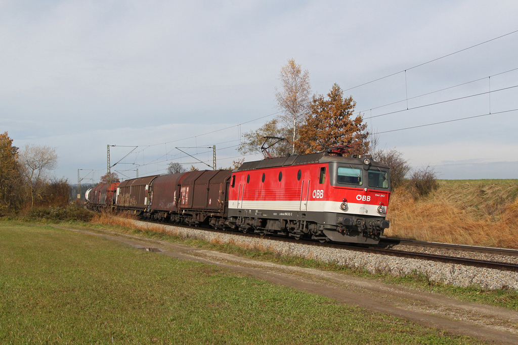 1144 243 mit einem gemischten Gterzug am 10.11.2012 bei Ostermnchen.