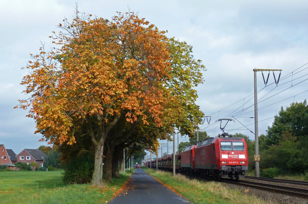 145 057-6 fuhr am 13.10.2012 mit einer 152 im Schlepp und einem Autozug von Emden nach Osnabrck, hier in Leer.