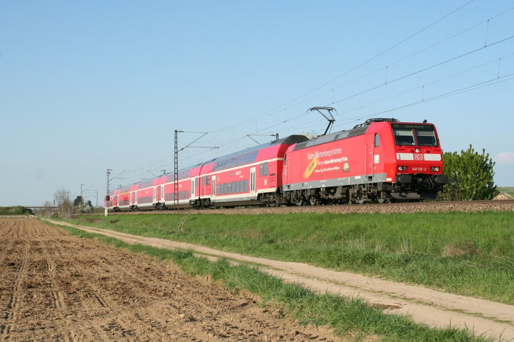 146 110-2 mit einem RE nach Basel Bad. Bf am 25.04.13 bei Hgelheim.