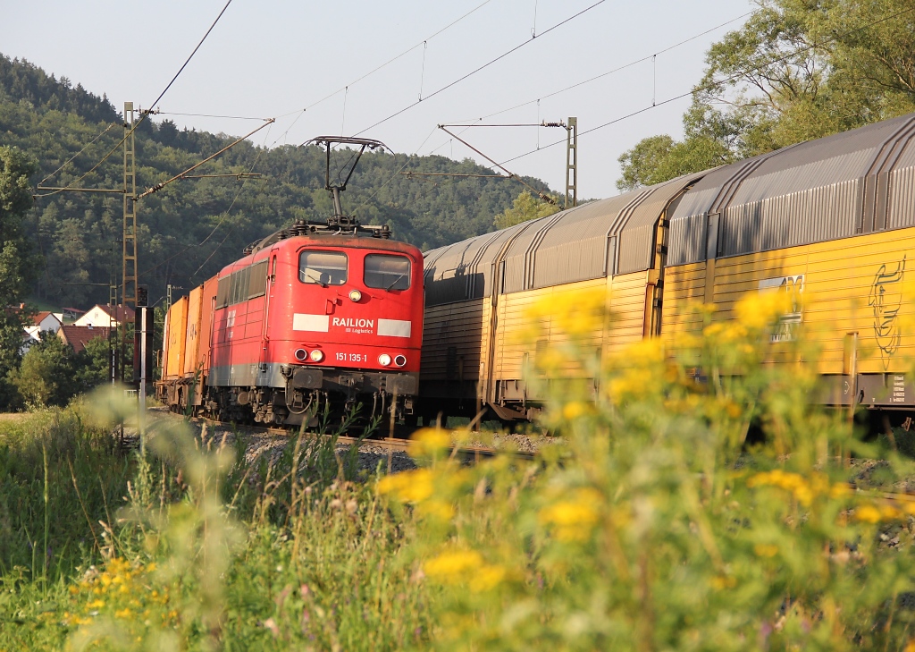 151 135-1 mit Containerzug in Fahrtrichtung Sden. Aufgenommen am 25.07.2012 zwischen Ludwigsau-Friedlos und Mecklar.