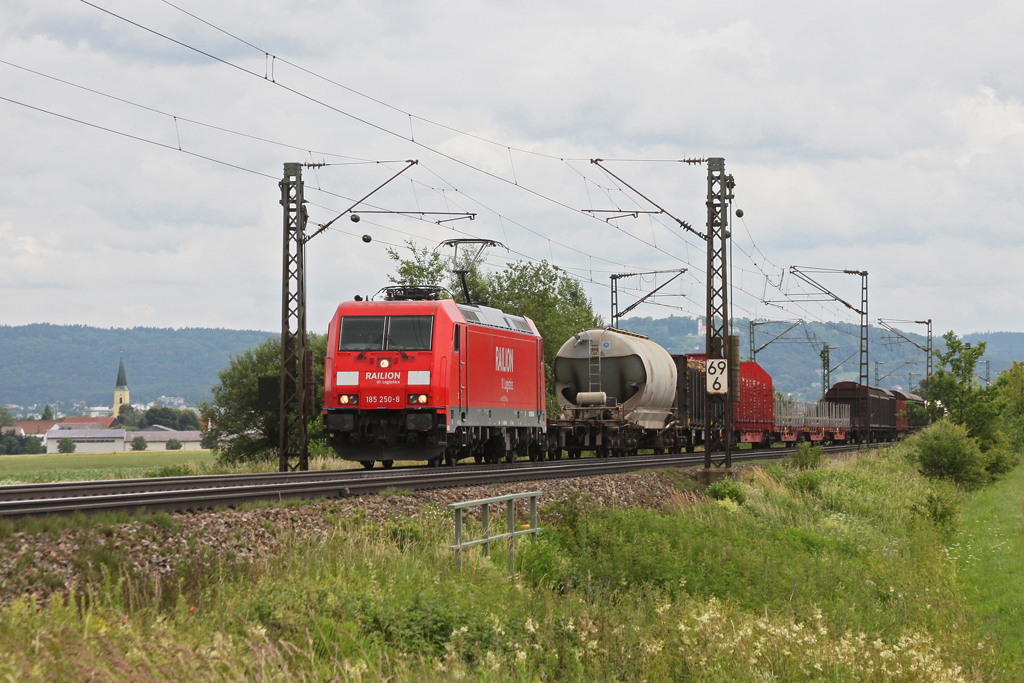 185 250 mit einem gemischten Gterzug am 21.06.2011 bei Plling.