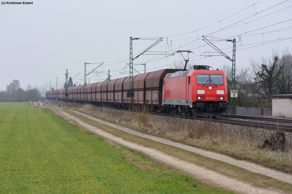 185 318-3 mit einem leeren Erzzug von Linz nach Rotterdam bei Obertraubling, 05.04.2013