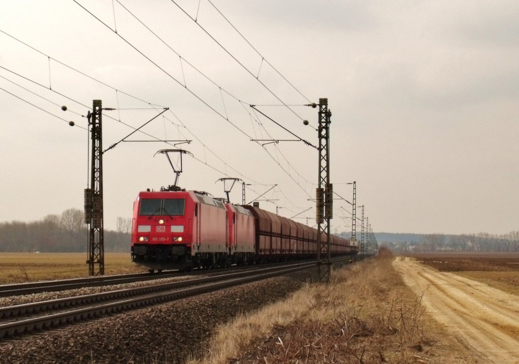 185 359 und eine Schwesterlok zogen am 17.03.2010 den Erzer durch Mangodling. 