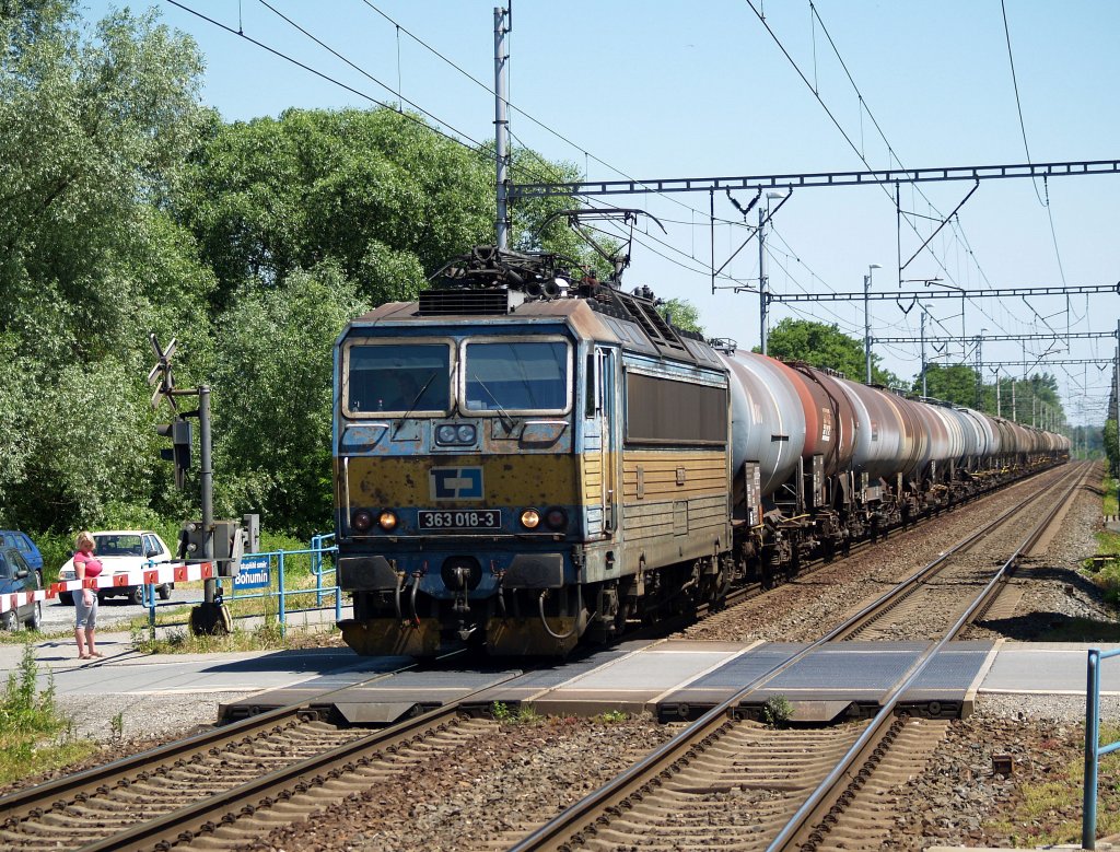 363-018 am 17.06.2010 mit einem Kesselzug unterwegs bei Dolni Lutyne 
