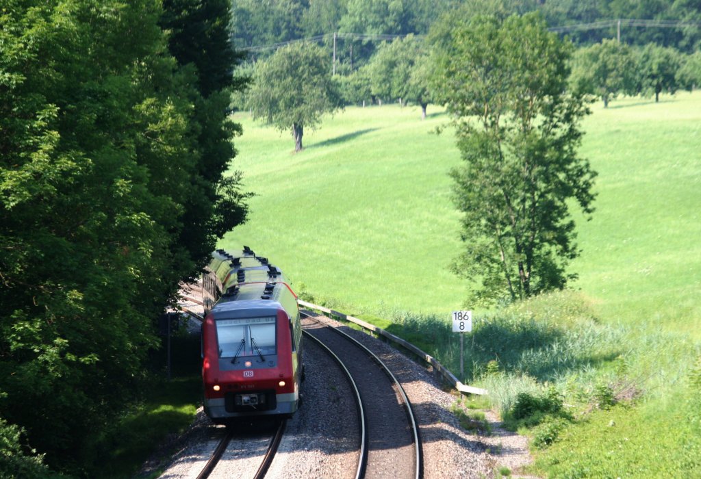 611 009 und 611 030 sind als IRE-Sprinter auf der Sdbahn unterwegs und durchfahren gleich Meckenbeuren, 05.07.10