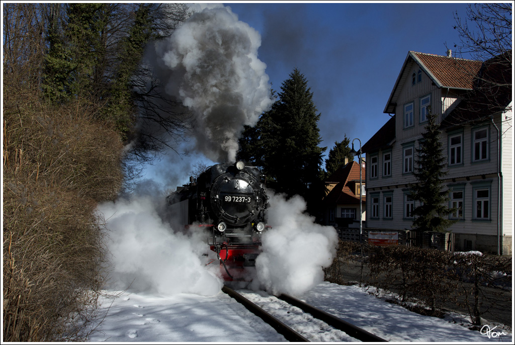 99 7237  donnert mit dem Morgenzug 8933 von Wernigerode auf den Brocken, durch die Innenstadt von Wernigerode. 
Westerntor  5.3.2013