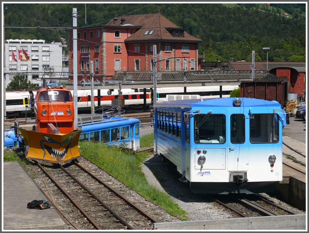 Abgestellte Fahrzeuge der ARB in Arth Goldau. Darunter befindet sich auch dieser furchteinflssende Schneepflug mit einem VW-Bus Leitstand. (30.07.2010)