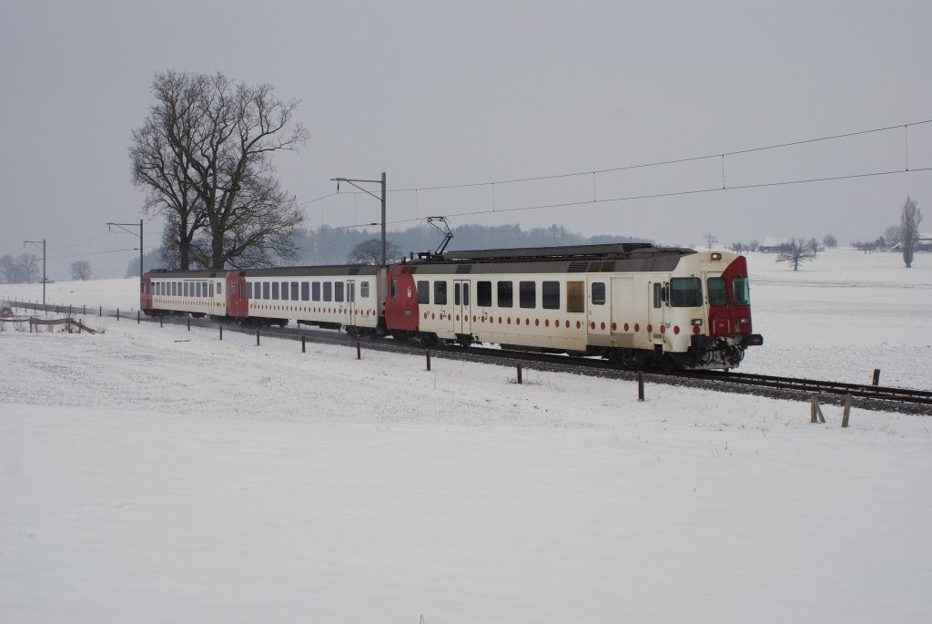 Am 13.2.10 ging es fr mich in eine mir noch unbekannte Gegend, an die Strecke Fribourg-Murten. Den Grund meiner Reise erfahrt ihr, wenn ihr mein nchstes Bild betrachtet. Hier jedenfalls ist der RBDe 567 173-0 zu sehen, der eben gerade Cressier erreicht.

