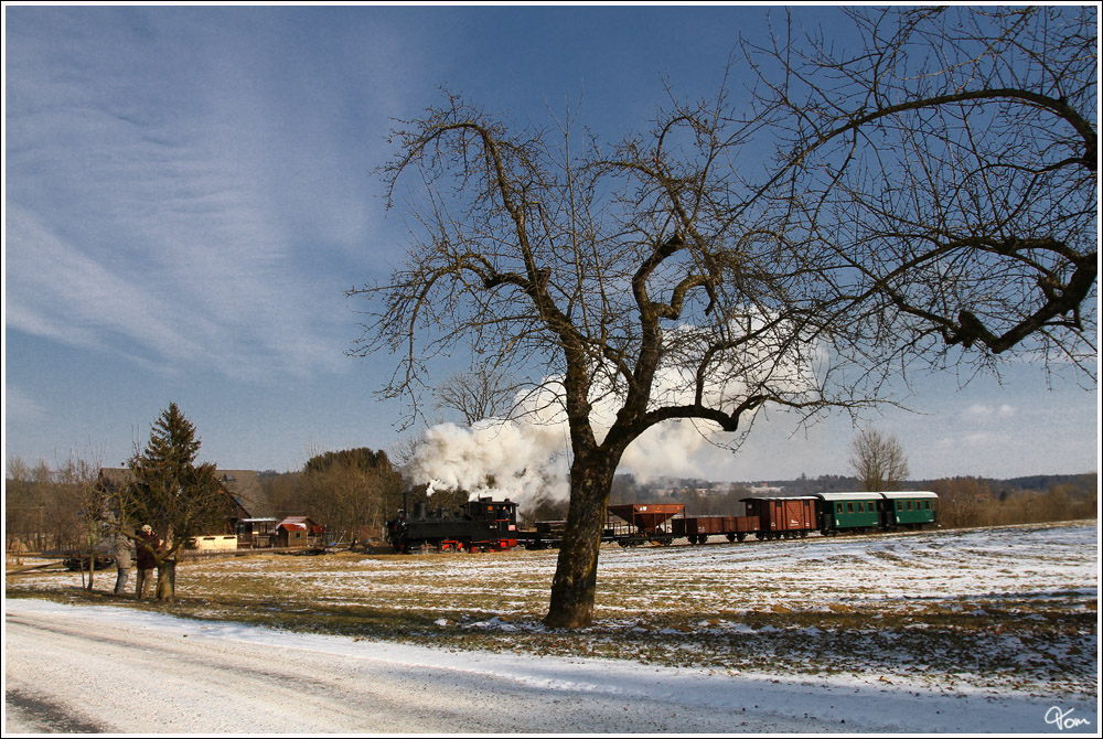 Dampflok 298.56 fhrt mit einem GmP von Preding nach Stainz. 
Herbersdorf 5.2.2012