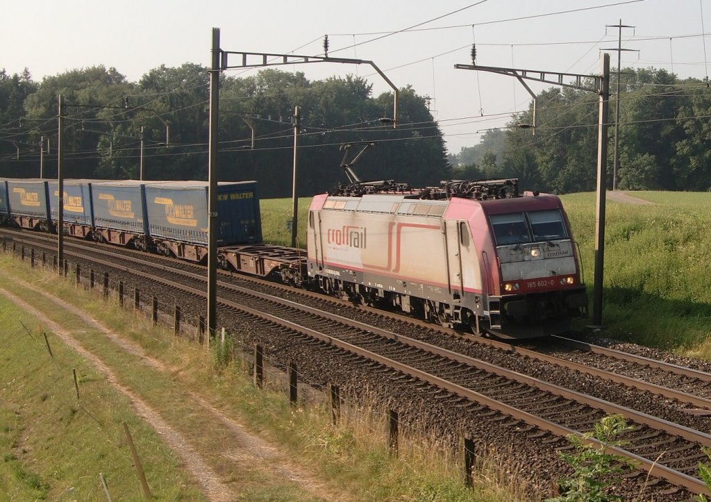 Dank einer Baustelle auf der Simplon Linie verkehren einige Crossrail und BLS Zge ber den Gotthard. Hier fhrt die Crossrail Br 185 602-0 bei Mhlau nach Norden.