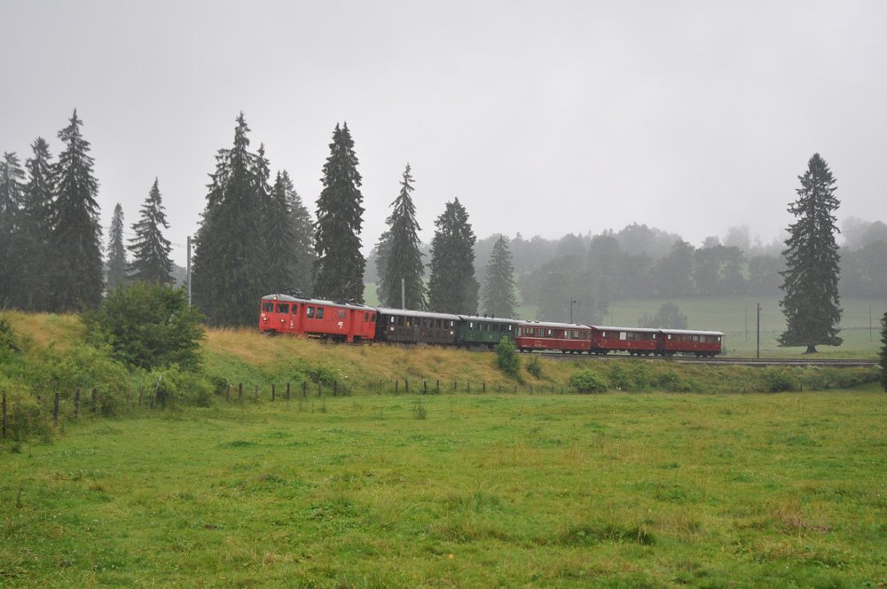 Der BDe 4/4 621 erreicht Le Creux-des-Biches am 18. Juli 2009 mit einem Extrazug Saignelgier - La Chaux-de-Fonds, bestehend aus LA TRACTION-Wagen, anlsslich des Cevifests Conveniat 09.