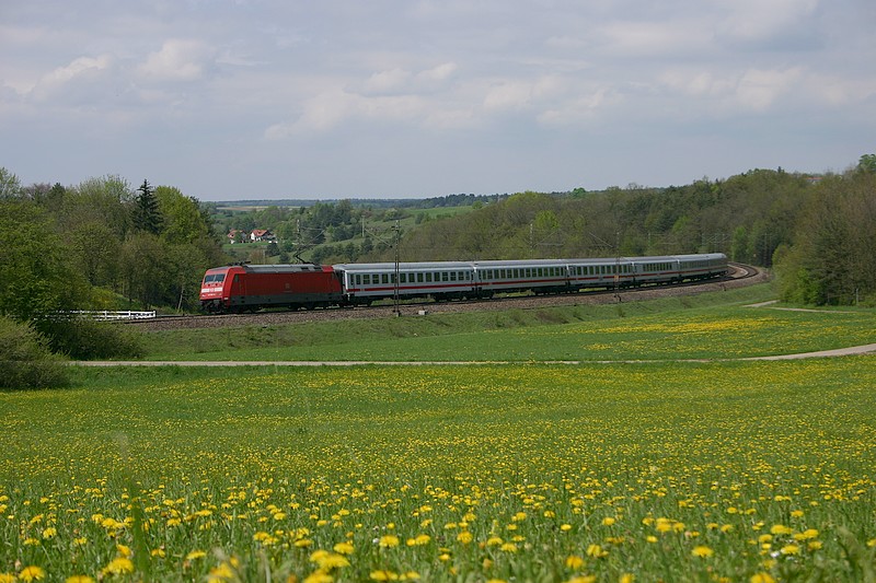 Der IC nach Passau (Rottaler Land) an einem  Blumenmeer  bei Edlhausen an der KBS 880.(8.5.2010)