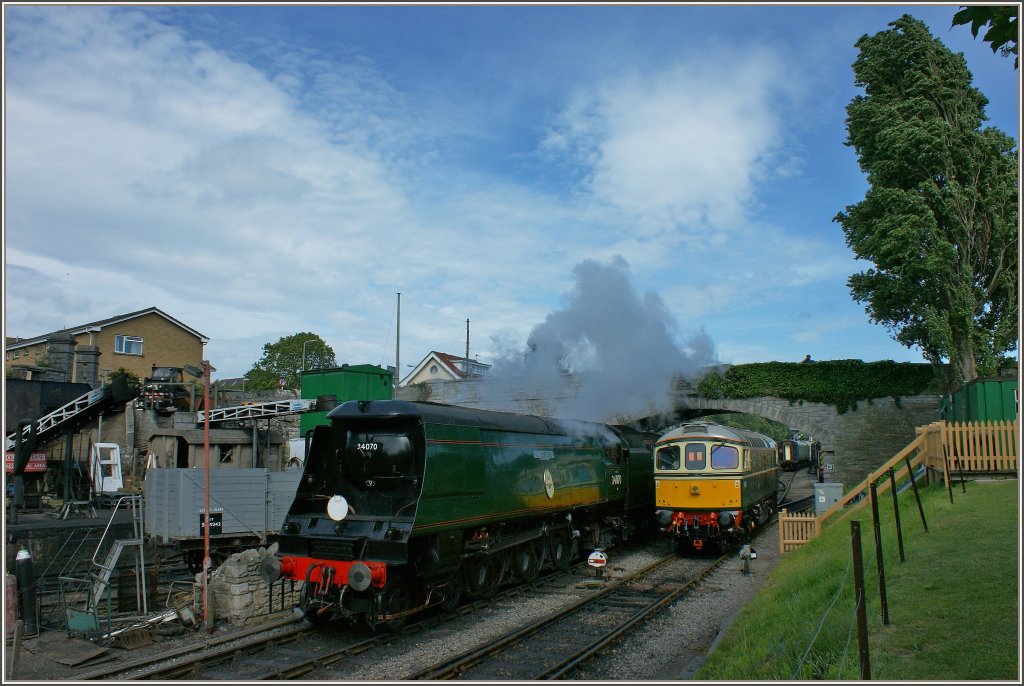 Die Dampflok 34070 fhrt in Swanage aus.
(16.05.2011)