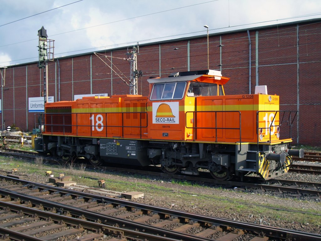 Die Seco-Rail Lok 18 wartet im Hbf Paderborn am 06.04.2008 auf den nchsten Einsatz. Im Laufe der Zeit hatte die DB die Maschine als BR 266 gemietet. Zum Aufnahmezeitpunkt soll das Mietverhltnis aber schon wieder aufgehoben sein. Hersteller der Lok ist Vossloh (50001779/2007)