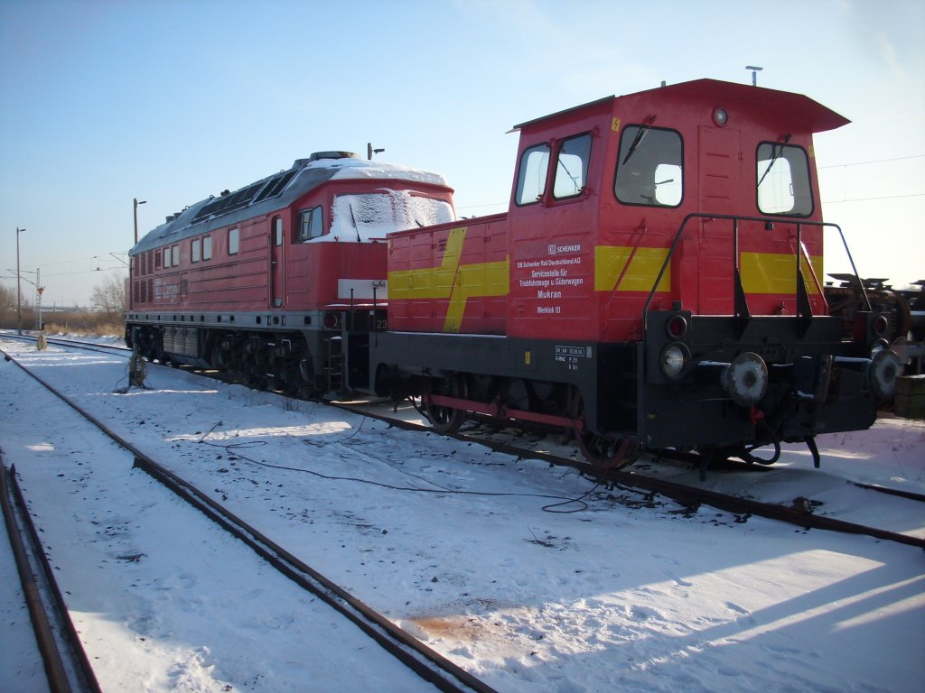 Die Werklok III vom DB Schenker Gterwerk Mukran und die 232 604 abgestellt am 23.Januar 2010 in Mukran.