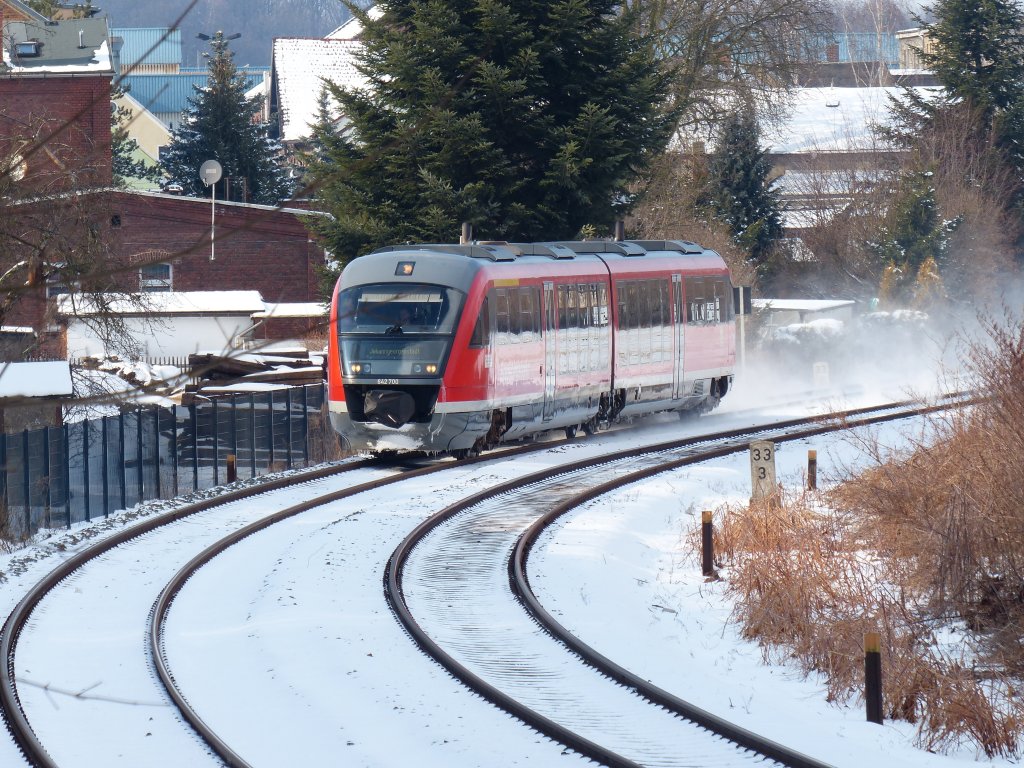 Erzgebirgsbahn 642 700 nach Johanngeorgenstadt zwischen den Haltepunkten Cainsdorf und Wilkau-Halau.15.03.2013.