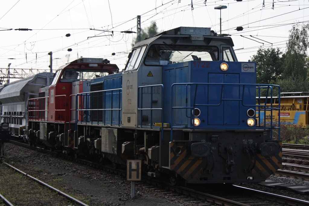 Europorte 1722+1729 am 1.9.11 mit einem Kalkzug nach Frankreich bei der Durchfahrt durch Duisburg-Entenfang.