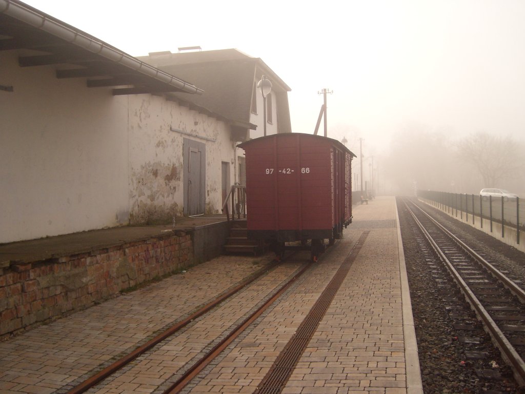 Im Morgennebel des 24.3.2012 liegt der Bahnof Baabe der Rgenschen Bderbahn