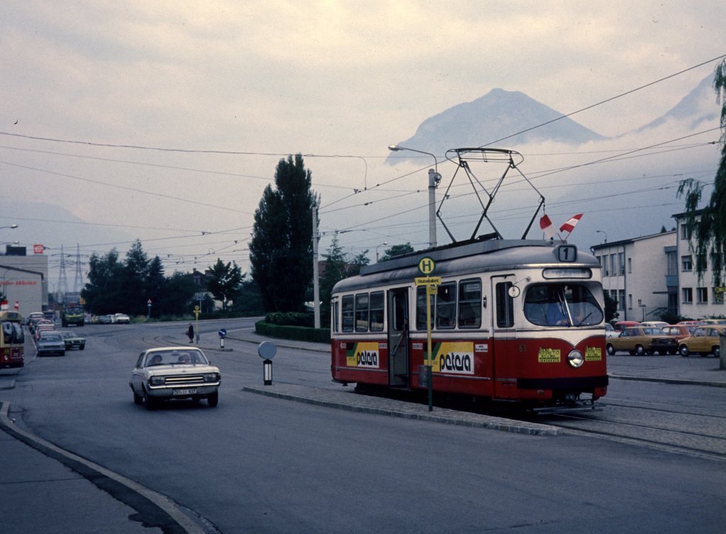 Innsbruck IVB SL 1 (Lohner-Grossraumtriebwagen 63) Pastorstrasse / Stubaitalbahnhof am 14. Juli 1978.