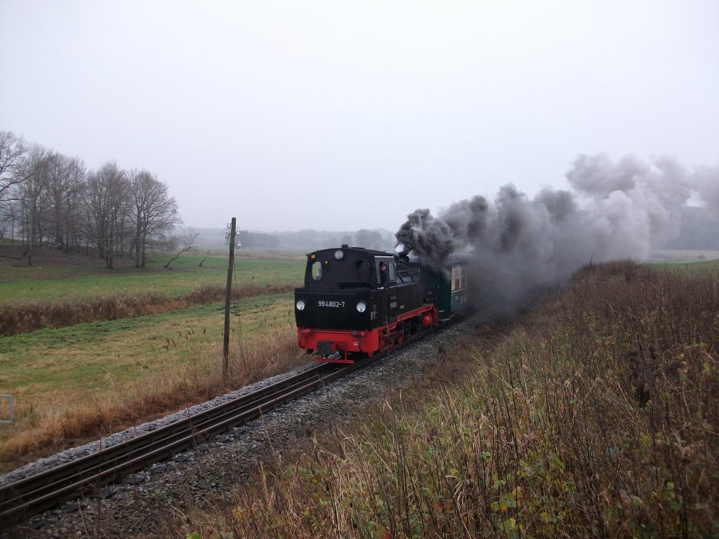 Kurz vor 10:30 Uhr am Morgen begegnete mir der zweite Zug am Tag,von Putbus nach Baabe,bei Serams am 20.November 2010.