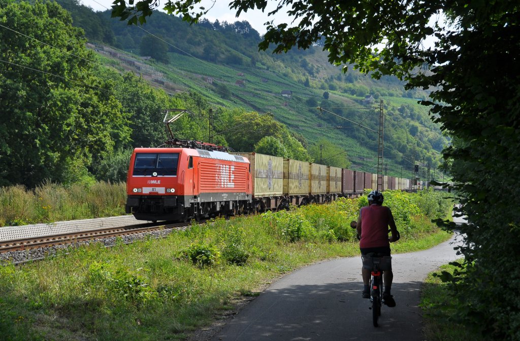 Man hab ich nen Durst auf ein Bier:-).Dieses mag der Radfahrer denken als er die WLE 81 alias 189 801 der Wesflischen Landes-Eisenbahn ist mit dem sehr verspteten Warsteinerzug DGS 95071 nach Warstein unterweg ist sieht.Aufnahme entstand im Maintal bei Gambach am 10.8.2013