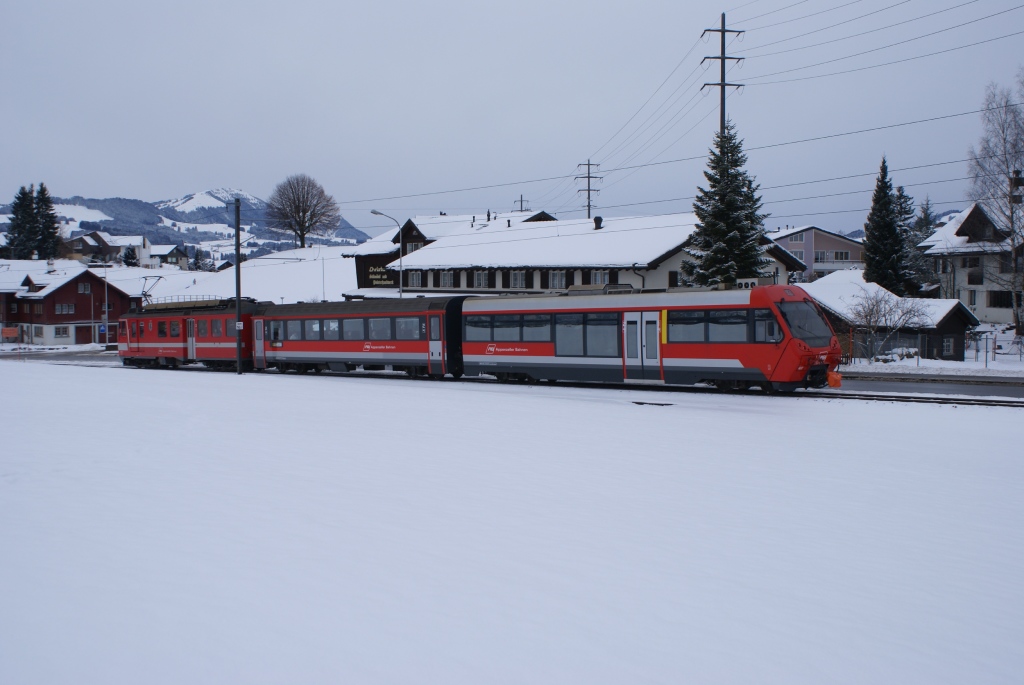 Mit dem ABt 122 an der Spitze nhert sich am 27.11.10 eine S 11 nach St. Gallen der Haltestelle Sammelplatz.