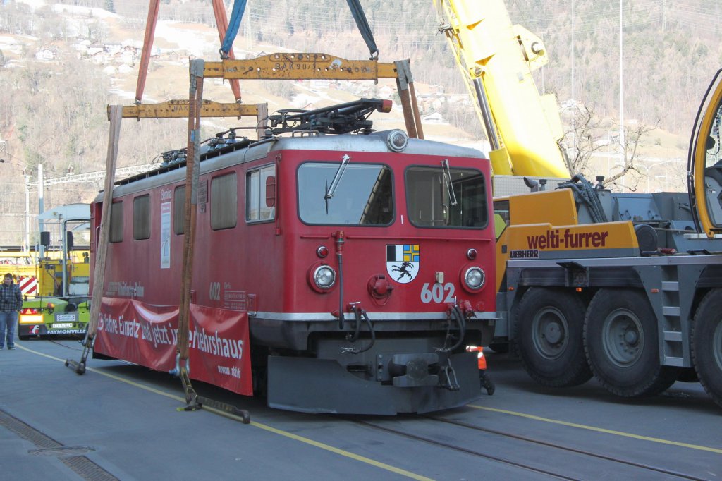 Nach 65 Dienstjahren und 6 Mio.km Fahrleistung,geht die Ge 4/4 I 602  Bernina (BBC/SLM/MFO 1947)in Pension.Sie kommt fr die nchsten 5 Jahre in das VHS Luzern.Landquart 07.03.12

