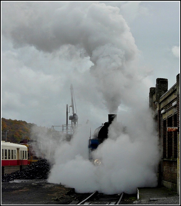 Nach dem Bekohlen der Dampflok Tkt 48-87, die fr den Halloween Zug vorgesehen war, begann es langsam gruselig zu werden in Mariembourg. 30.10.2010 (Hans) 